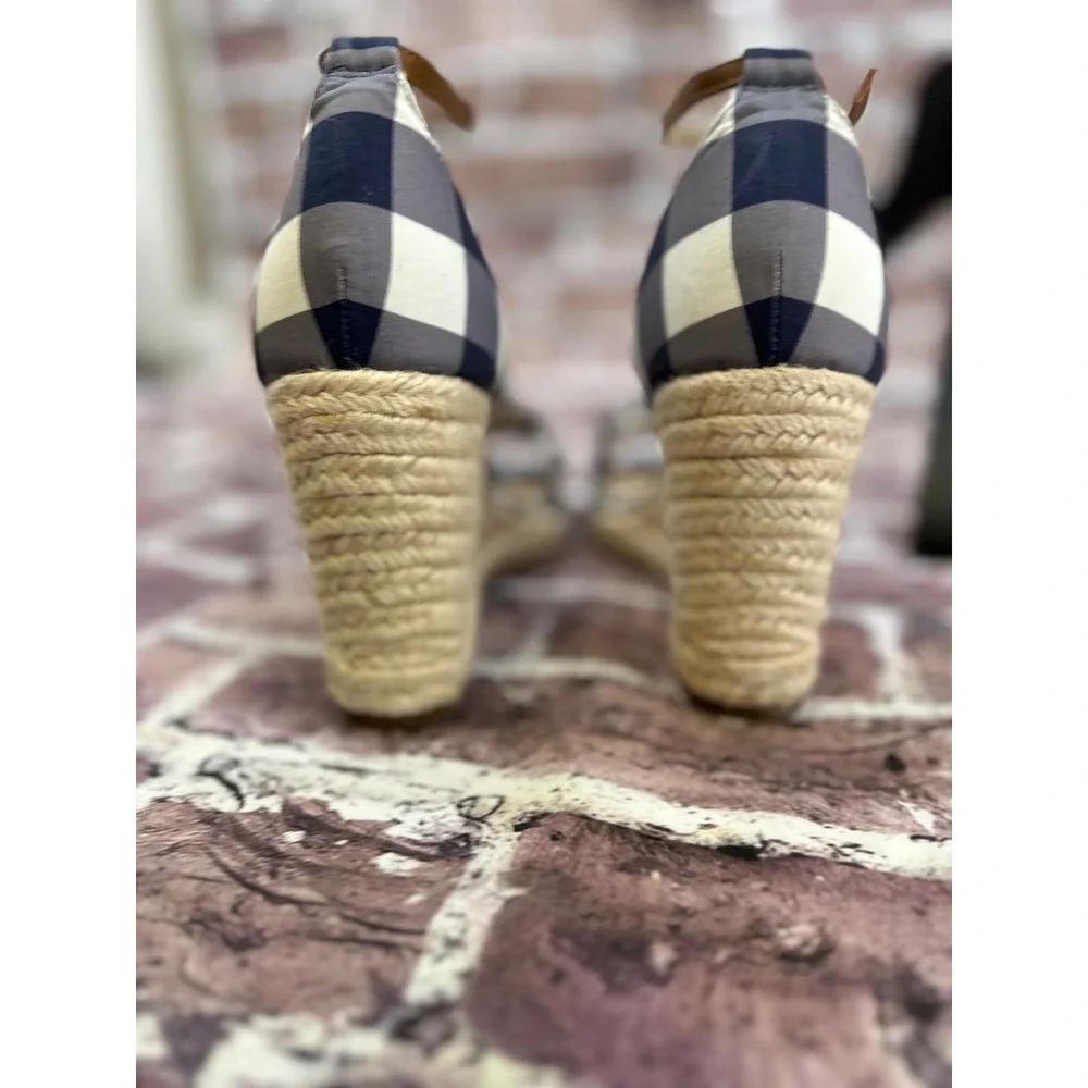 Draper James RSVP Navy Gingham Ruffle Espadrille Wedge Sandals Womens 9 Buffalo